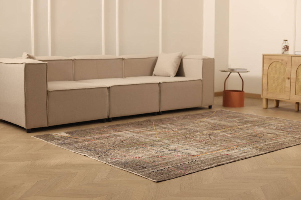 Vintage Manisa Turkish Area Rug 6x9 ft — Brown & Beige Distressed