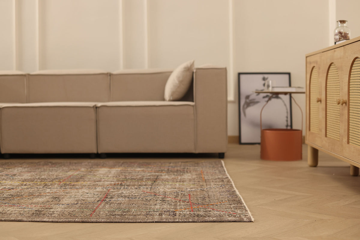 Vintage Manisa Turkish Area Rug 6x9 ft — Brown & Beige Distressed