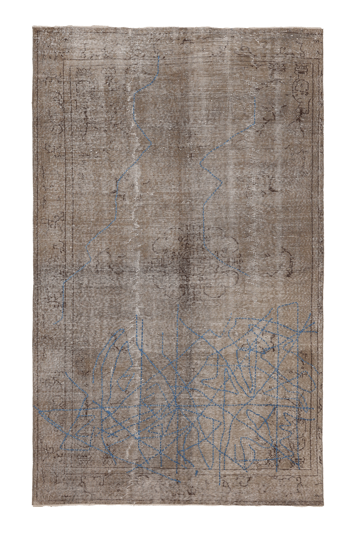 Vintage Isparta Turkish Area Rug 5x8 ft — Gray & Blue Distressed