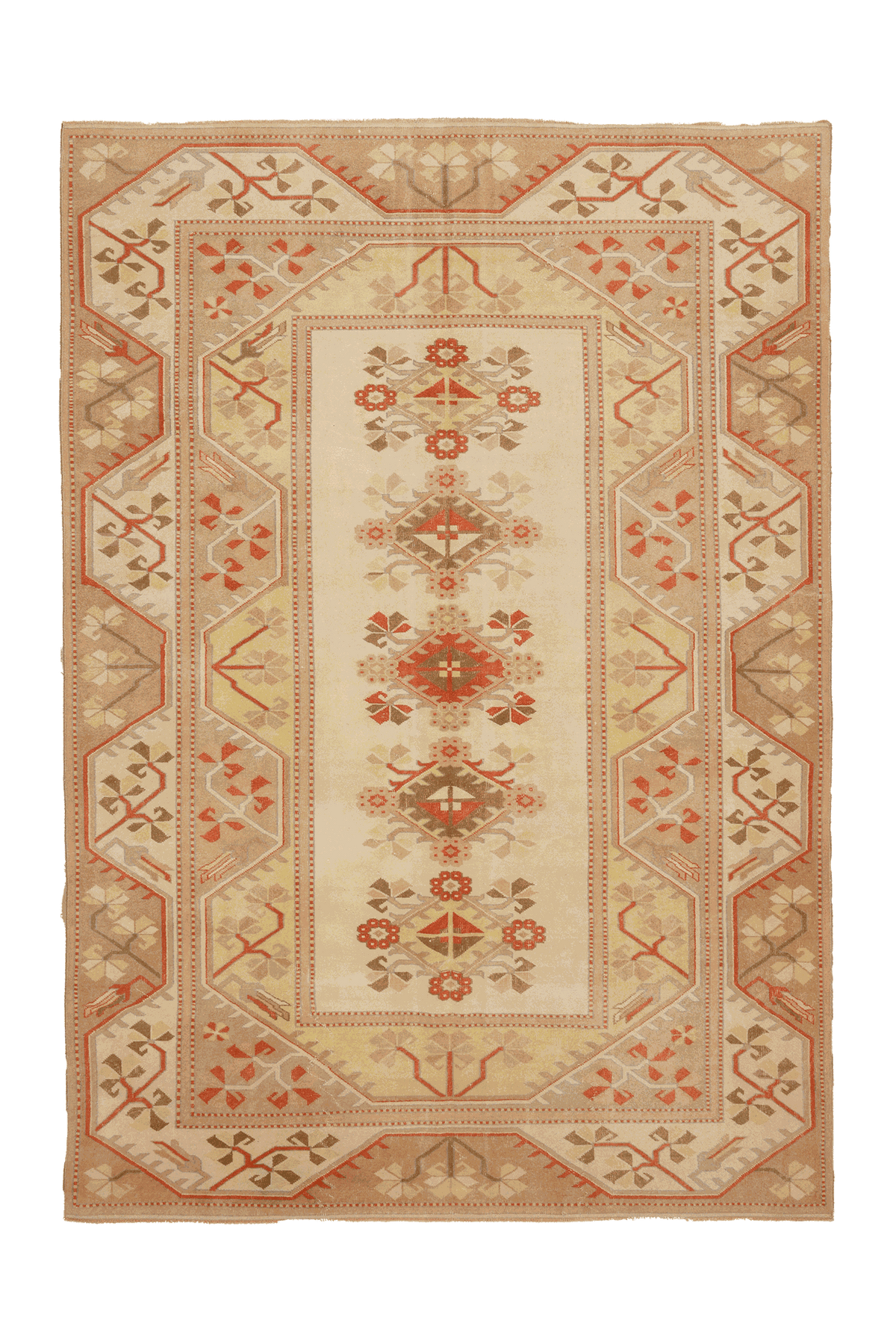 Vintage Muğla Turkish Area Rug 7x9 ft — Beige & Brown Geometric