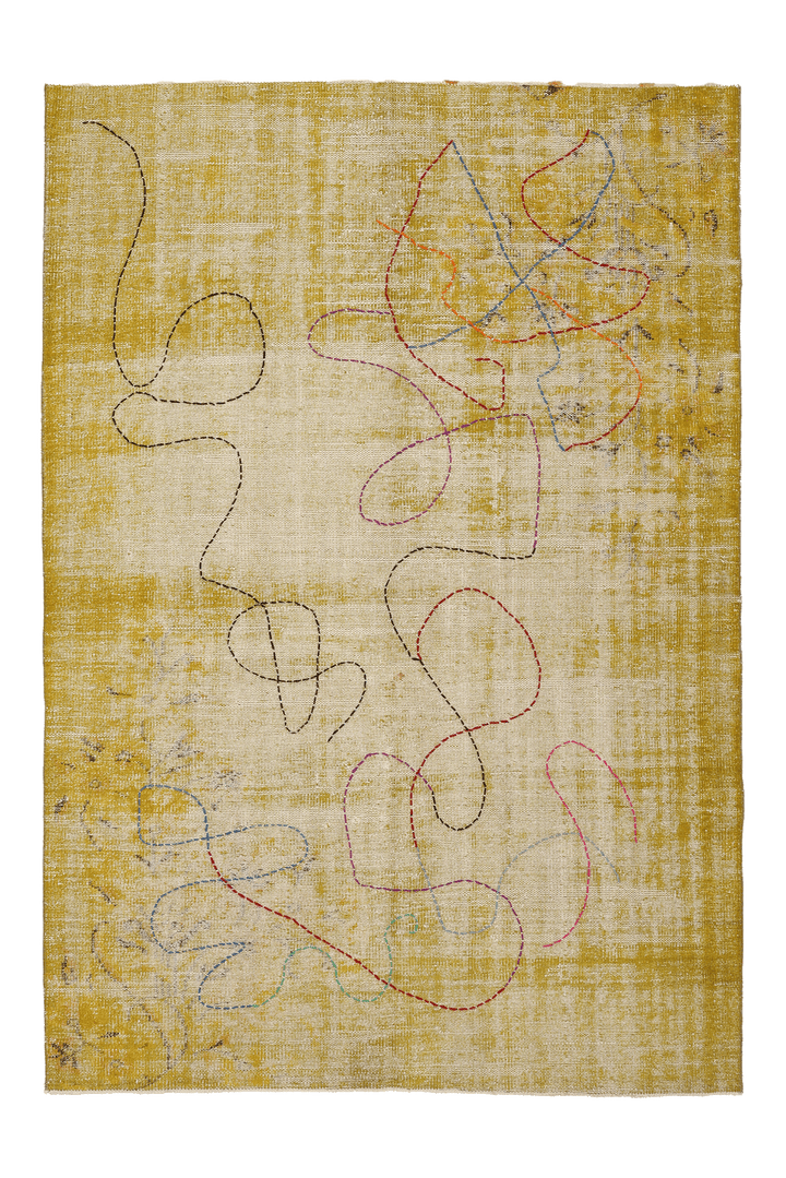 Vintage Manisa Turkish Area Rug 5x7 ft — Yellow & Beige Distressed