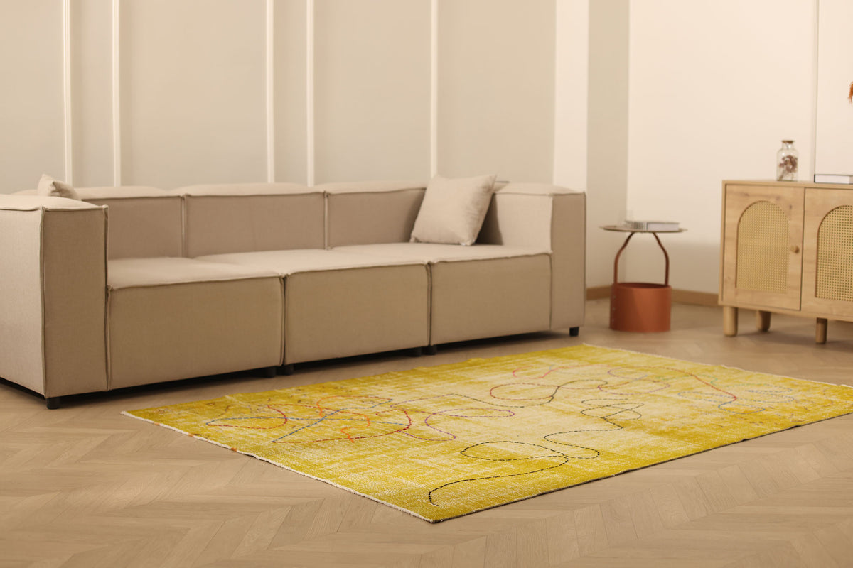 Vintage Manisa Turkish Area Rug 5x7 ft — Yellow & Beige Distressed