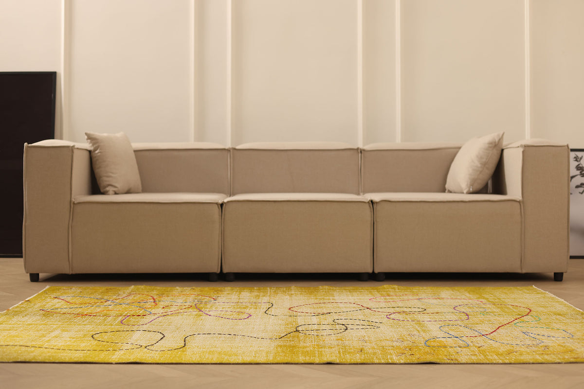 Vintage Manisa Turkish Area Rug 5x7 ft — Yellow & Beige Distressed