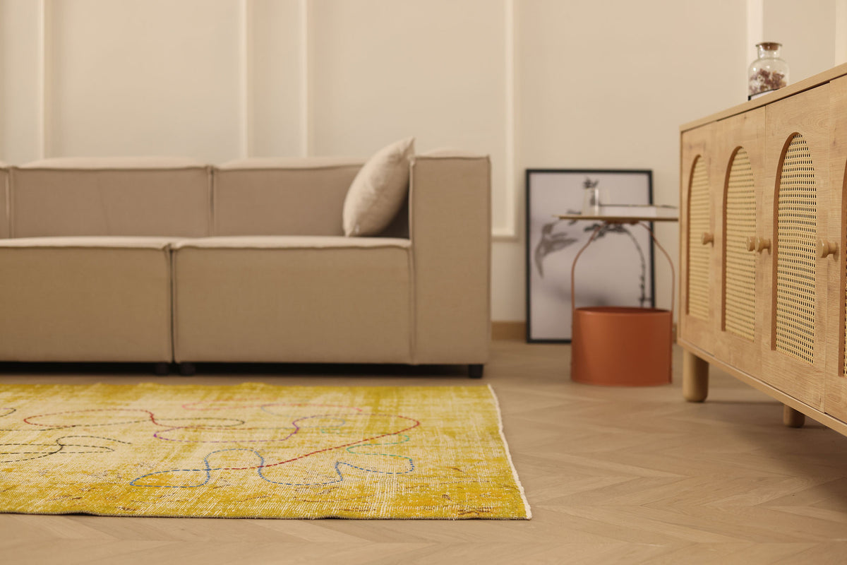 Vintage Manisa Turkish Area Rug 5x7 ft — Yellow & Beige Distressed