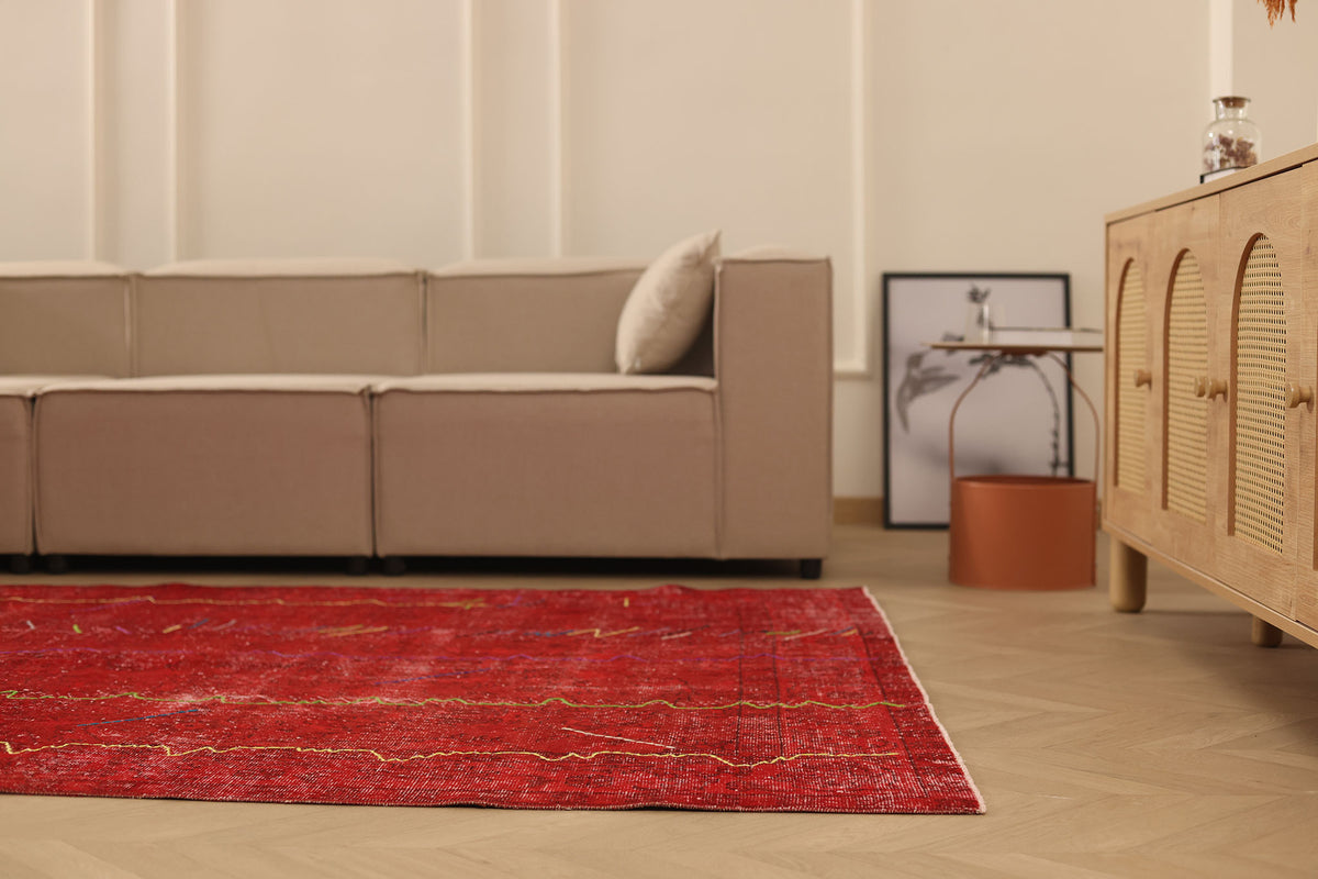 Vintage Isparta Turkish Area Rug 6x9 ft — Red Overdyed (No. 38348)