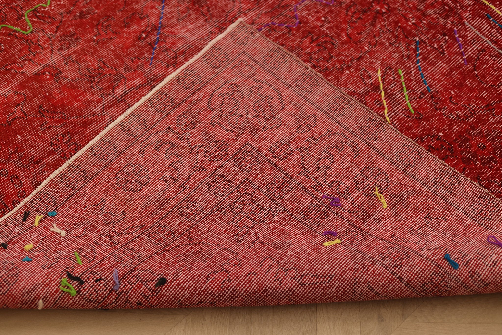 Vintage Isparta Turkish Area Rug 6x9 ft — Red Overdyed (No. 38348)