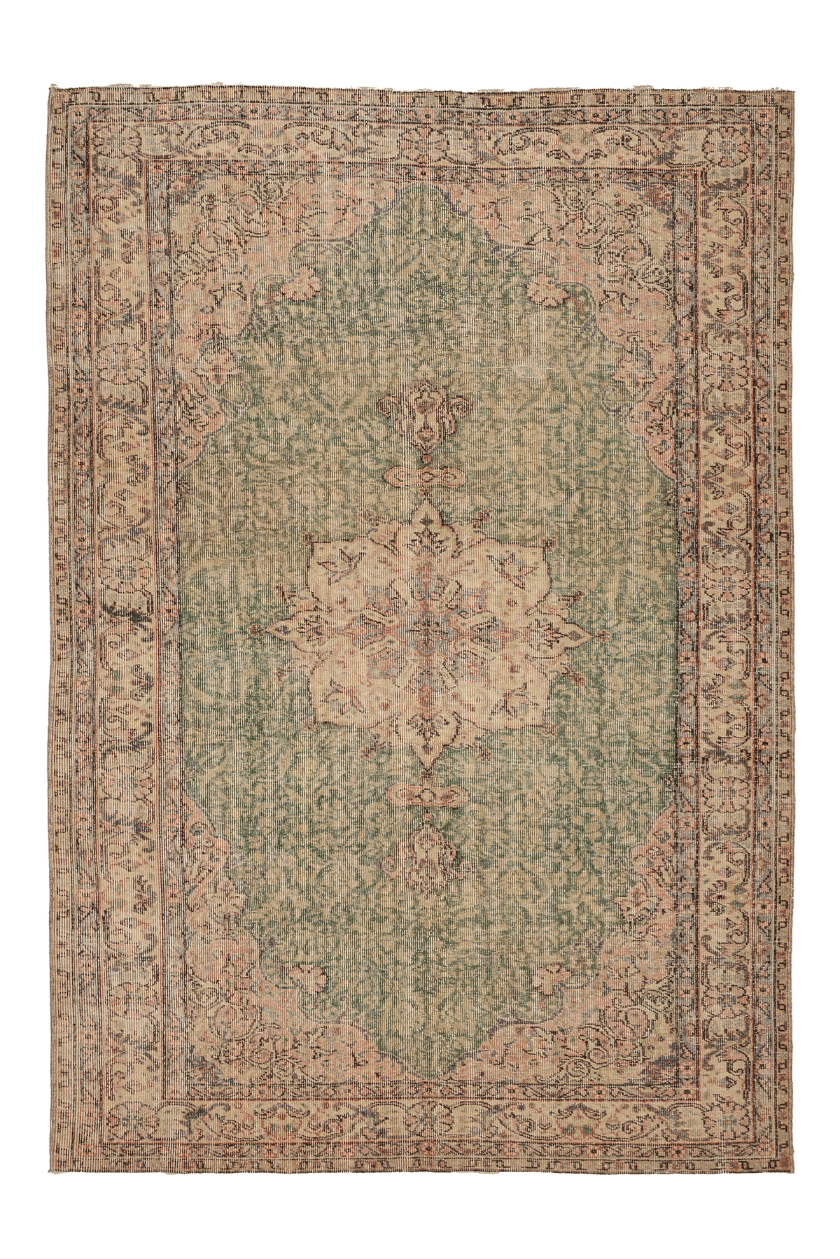 Vintage Isparta Turkish Area Rug 5x8 ft — Green & Beige Floral (No. 38351)