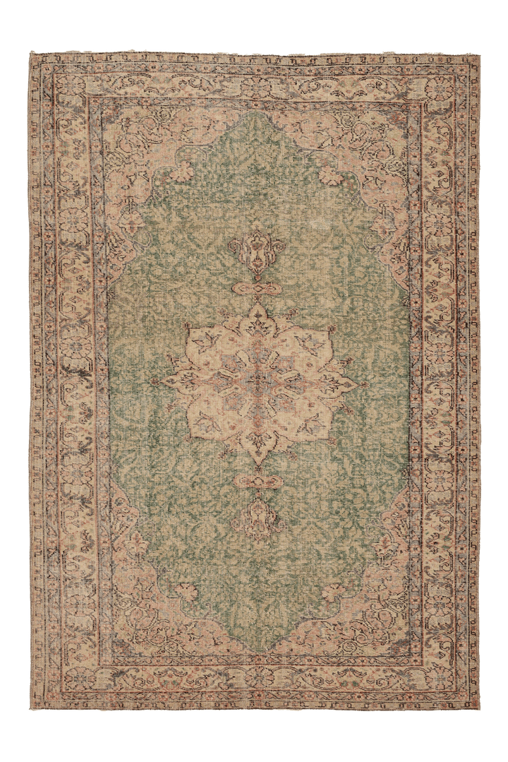 Vintage Isparta Turkish Area Rug 5x8 ft — Green & Beige Floral (No. 38351)