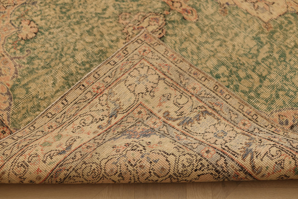 Vintage Isparta Turkish Area Rug 5x8 ft — Green & Beige Floral (No. 38351)