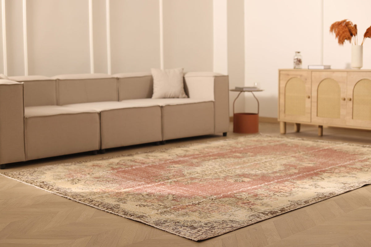 Vintage Isparta Turkish Area Rug 7x10 ft — Red & Beige Floral