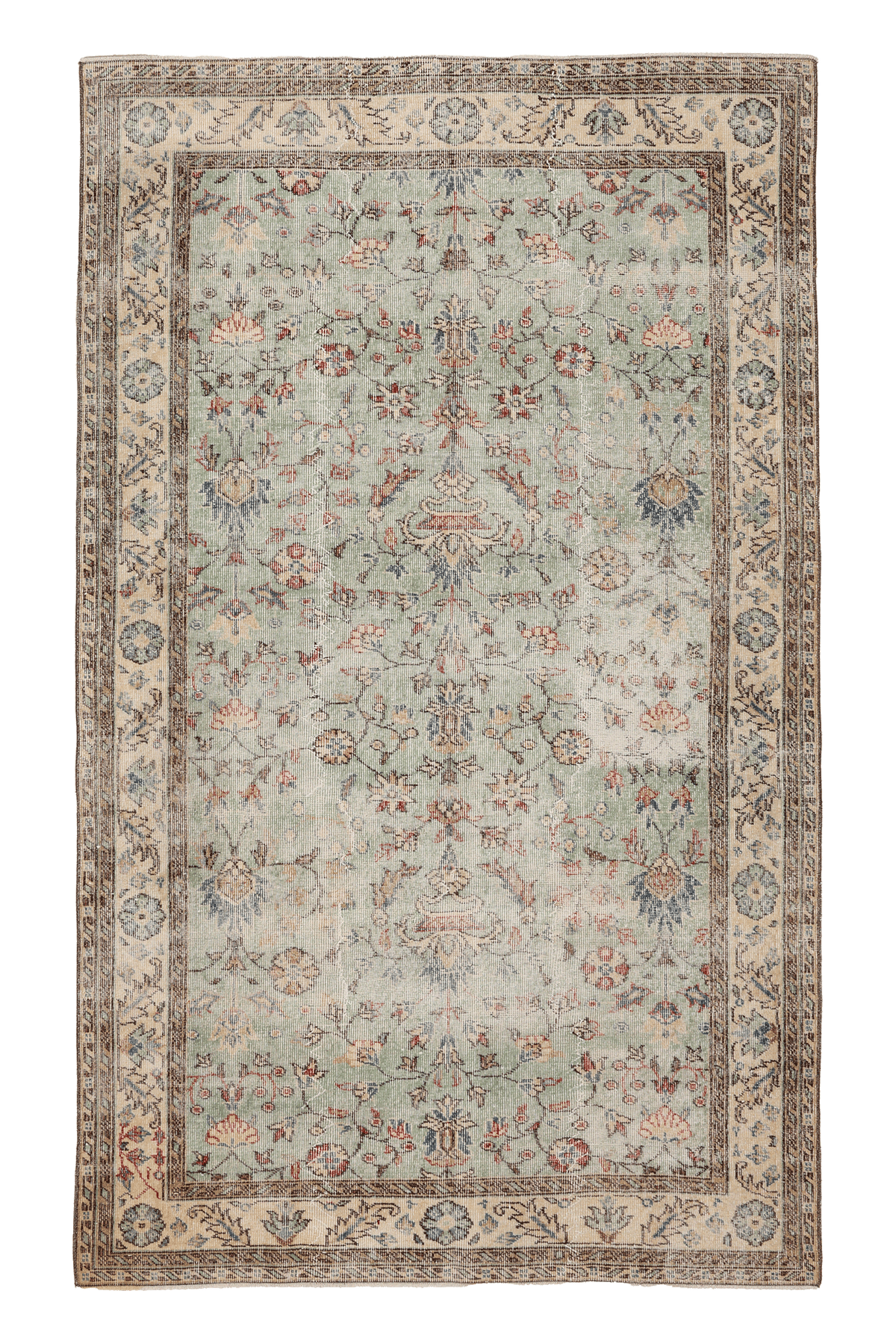 Vintage Isparta Turkish Area Rug 5x8 ft — Green & Beige Floral (No. 38583)