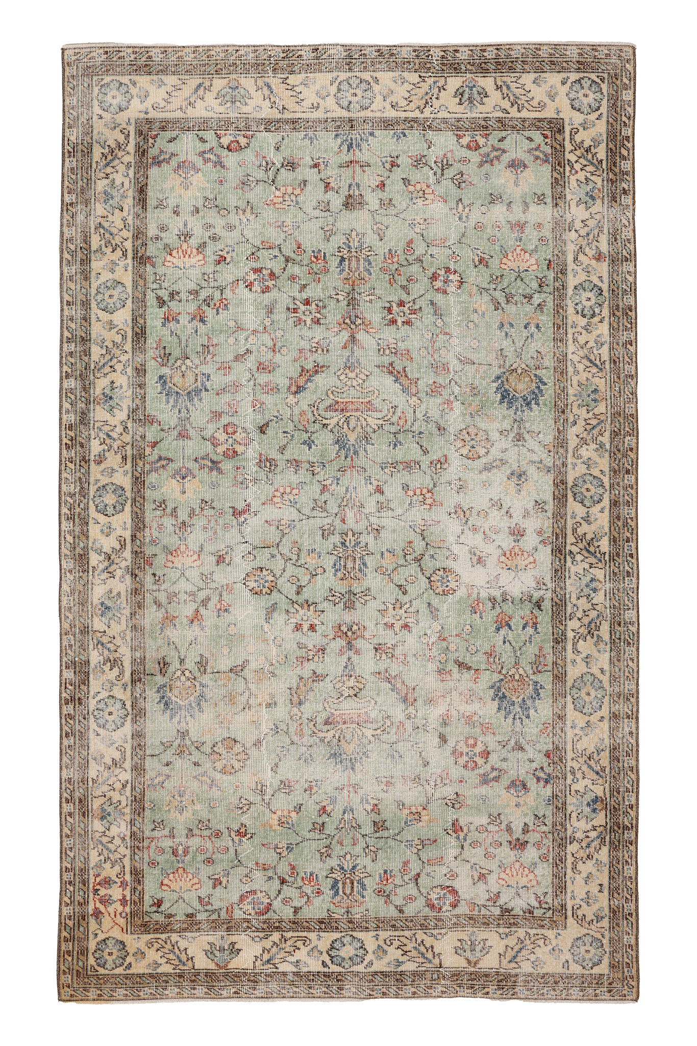 Vintage Isparta Turkish Area Rug 5x8 ft — Green & Beige Floral (No. 38583)
