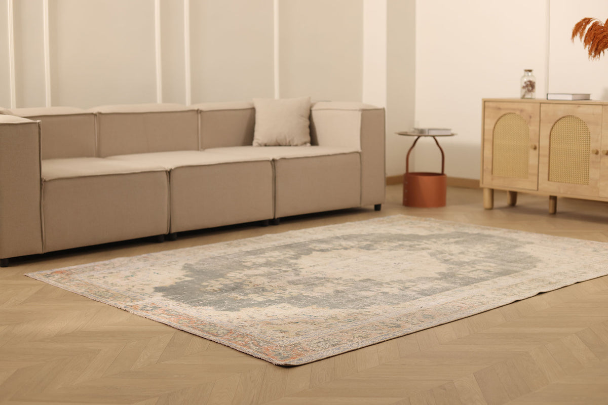 Vintage Manisa Turkish Area Rug 6x8 ft — Gray & Beige Distressed (No. 38585)