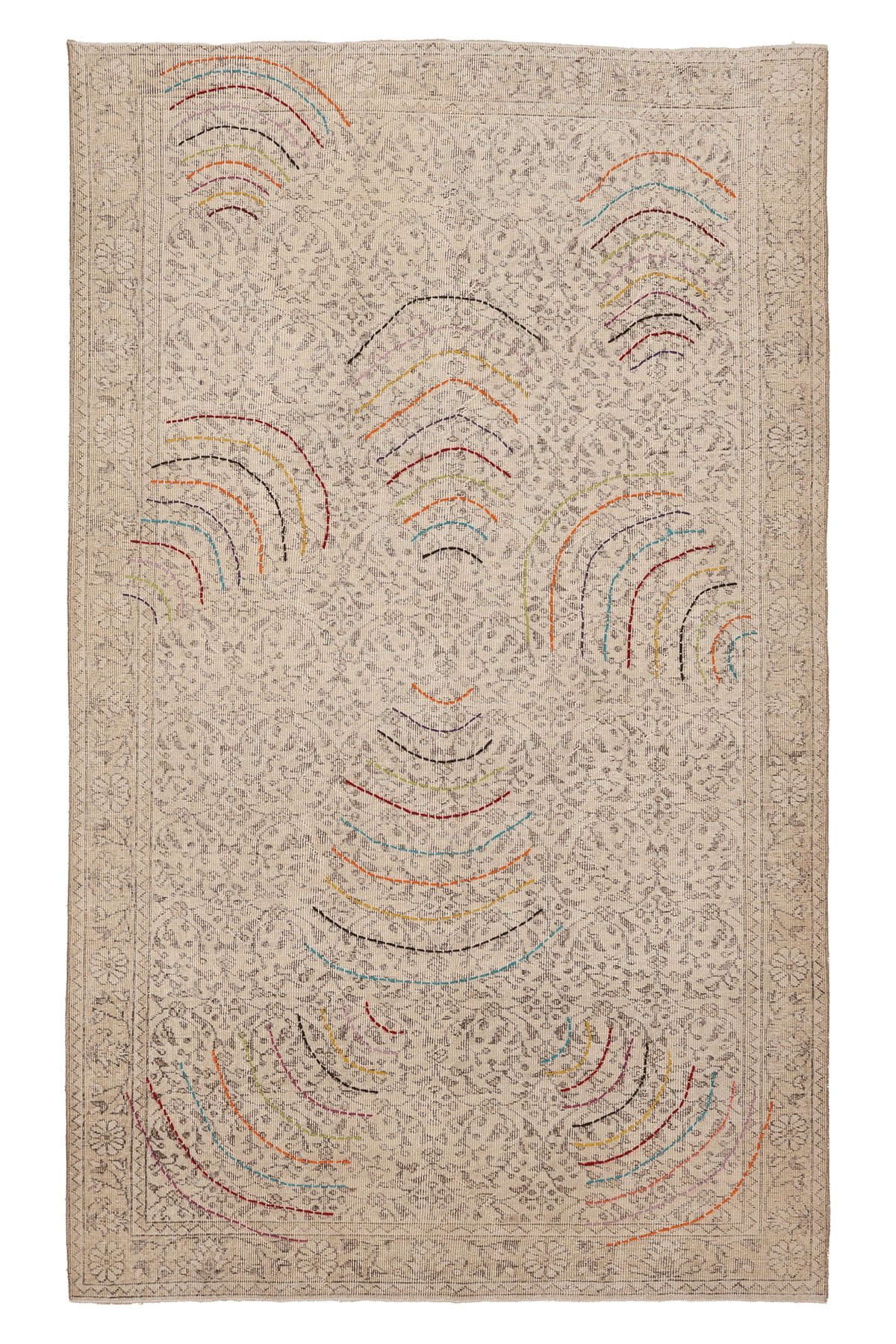 Vintage Isparta Turkish Area Rug 5x8 ft — Beige & Gray Geometric