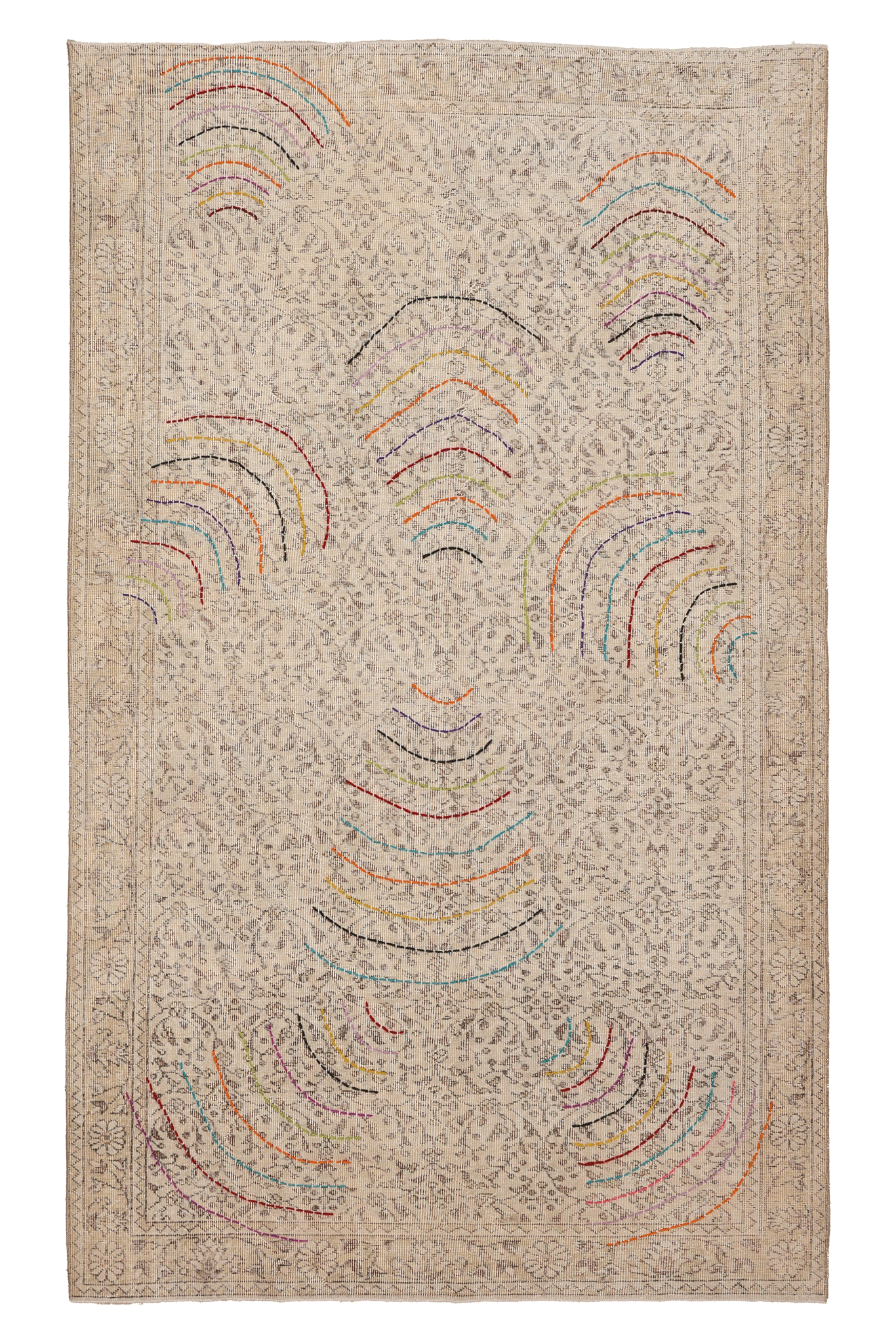 Vintage Isparta Turkish Area Rug 5x8 ft — Beige & Gray Geometric