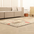 5x7 ft vintage Turkish patchwork area rug with floral patterns in wool and cotton on a light wood floor.