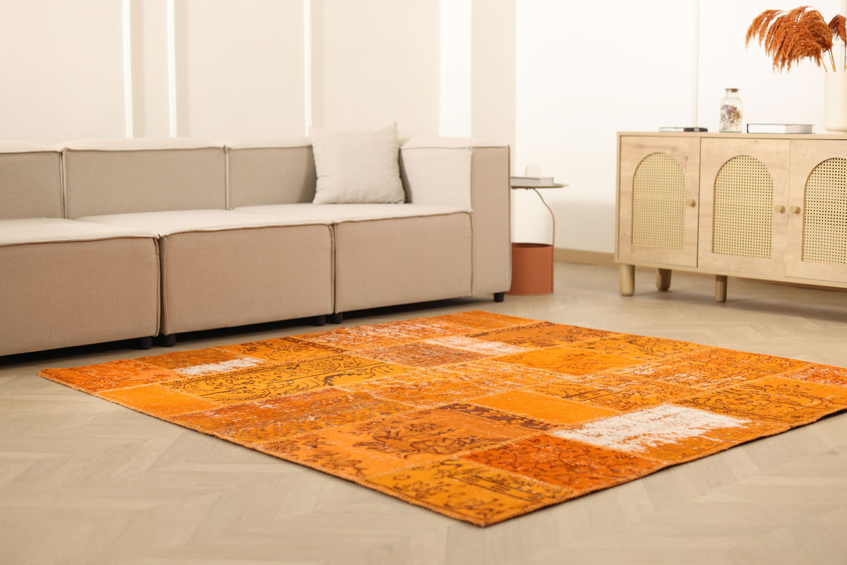 Vintage Turkish Area Rug 6x6 ft — Orange Patchwork