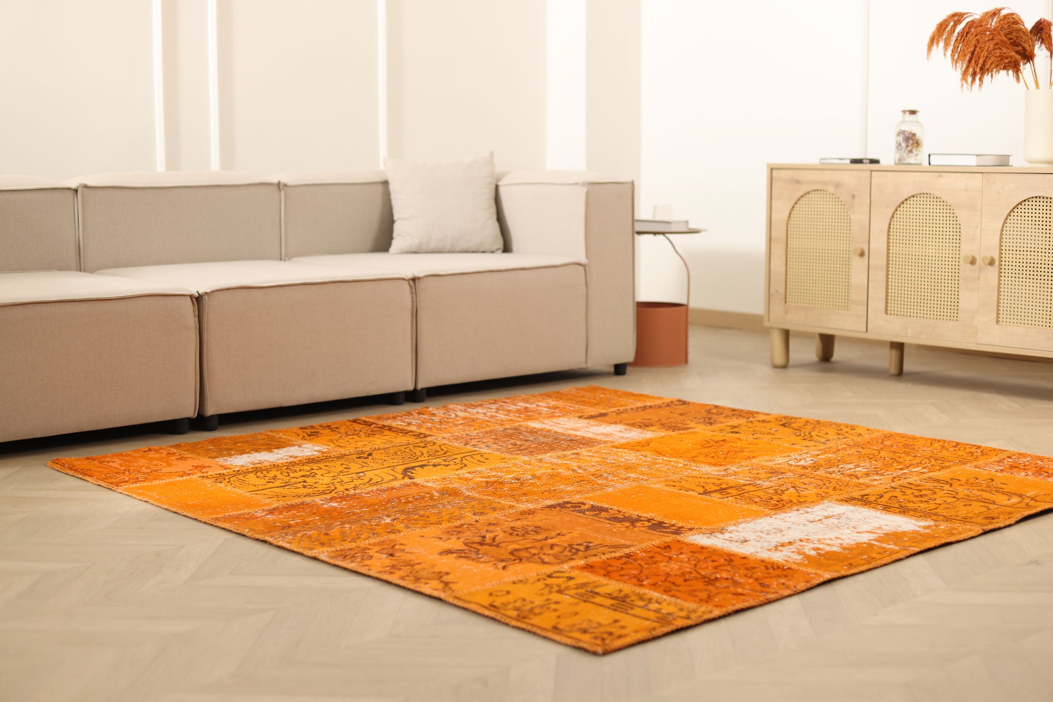 Vintage Turkish Area Rug 6x6 ft — Orange Patchwork
