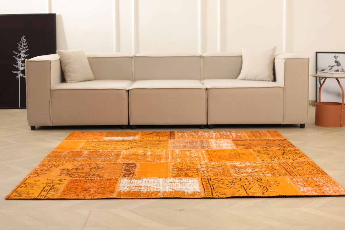 Vintage Turkish Area Rug 6x6 ft — Orange Patchwork