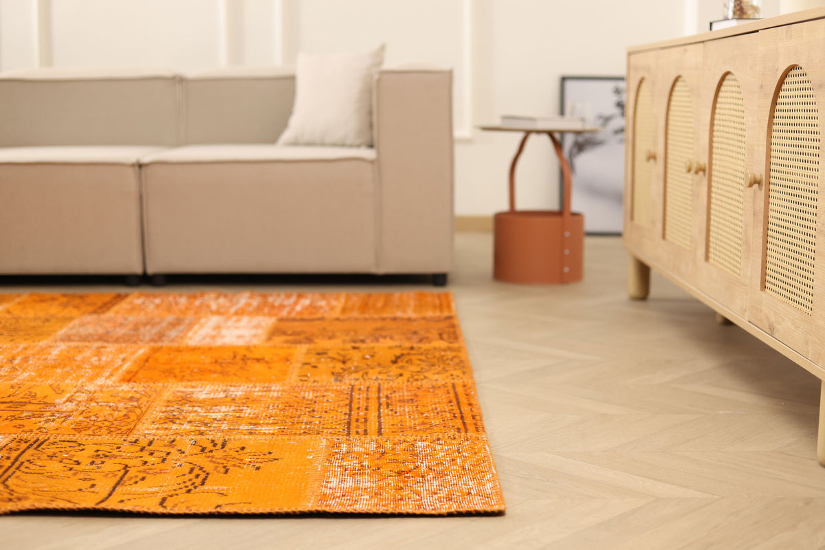 Vintage Turkish Area Rug 6x6 ft — Orange Patchwork