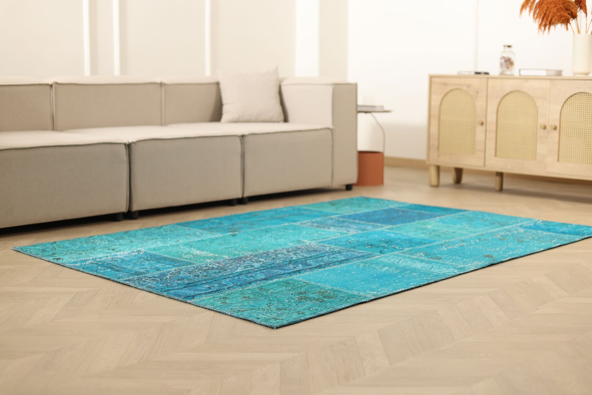 Vintage Turkish Area Rug 5x7 ft — Blue Patchwork (No. 38607)
