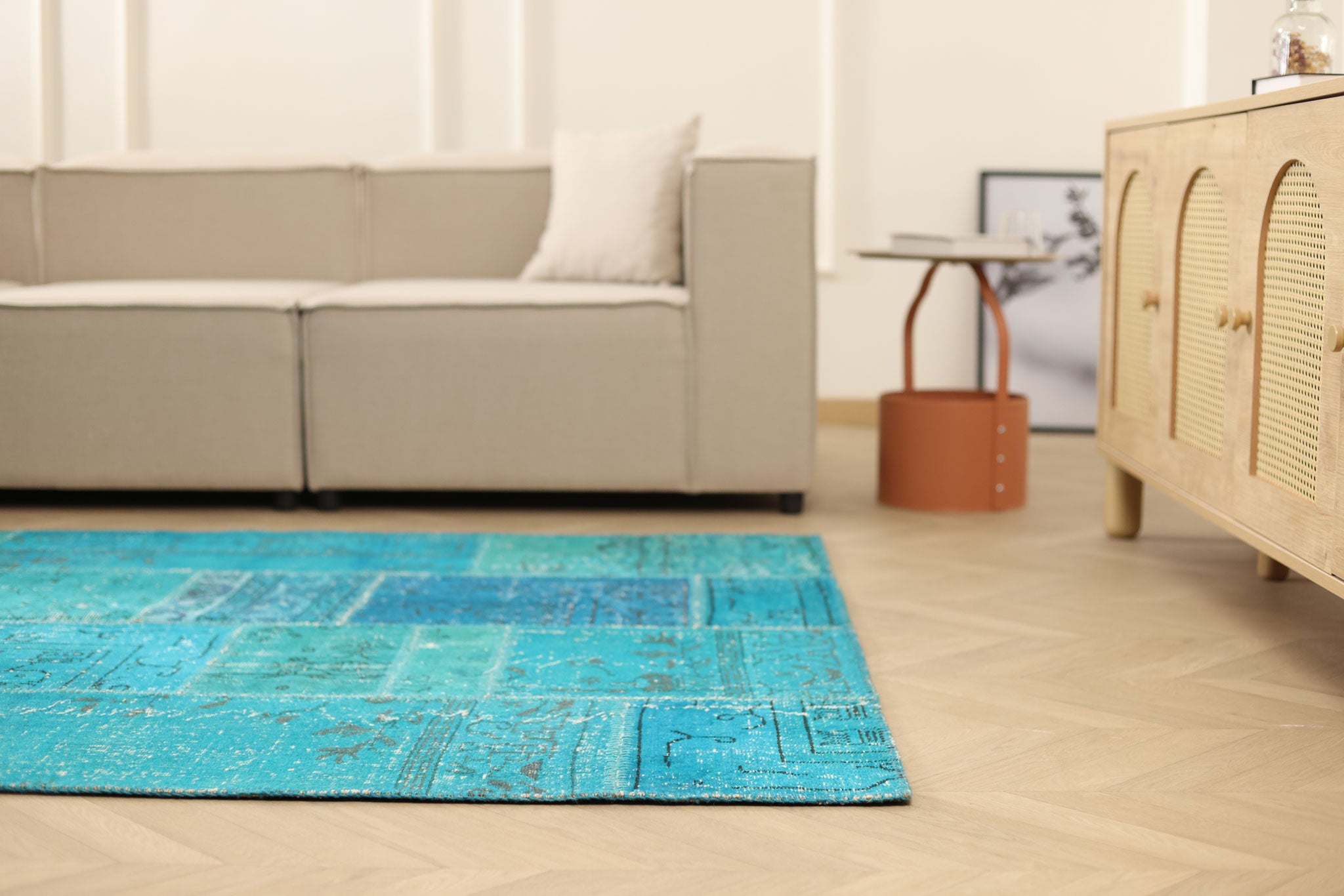Vintage Turkish Area Rug 5x7 ft — Blue Patchwork (No. 38607)