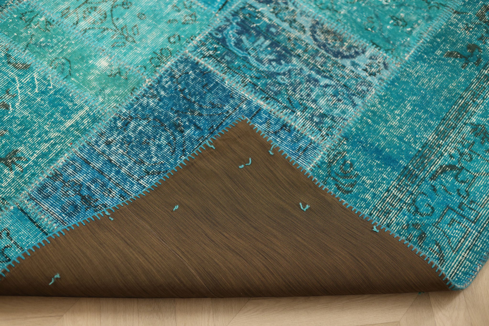 Vintage Turkish Area Rug 5x7 ft — Blue Patchwork (No. 38607)
