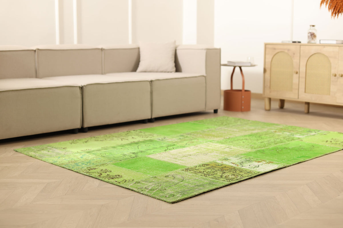 Vintage Turkish Area Rug 5x7 ft — Green Patchwork (No. 38610)