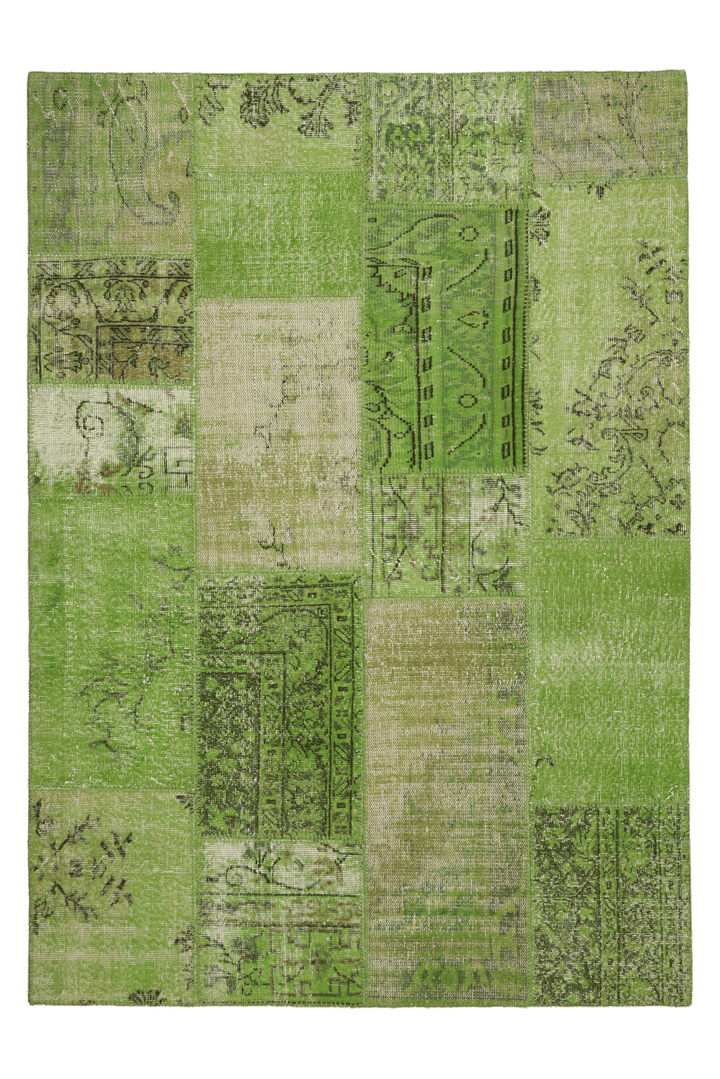 Vintage Turkish Area Rug 5x7 ft — Green Patchwork (No. 38610)