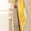 5x7 ft yellow patchwork Turkish area rug in wool and cotton with vintage overdyed patterns in a bohemian living room.