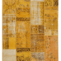 5x7 ft yellow patchwork Turkish area rug featuring hand-stitched wool and cotton pieces with vintage overdyed patterns.