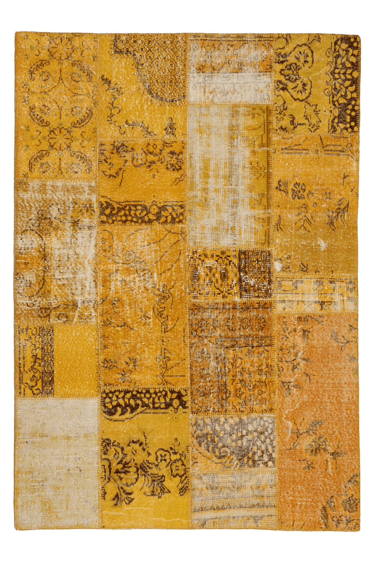 5x7 ft yellow patchwork Turkish area rug featuring hand-stitched wool and cotton pieces with vintage overdyed patterns.