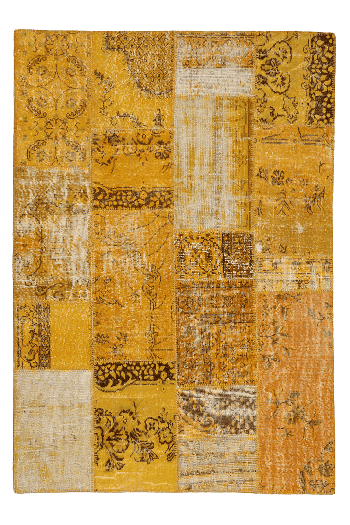 5x7 ft yellow patchwork Turkish area rug featuring hand-stitched wool and cotton pieces with vintage overdyed patterns.