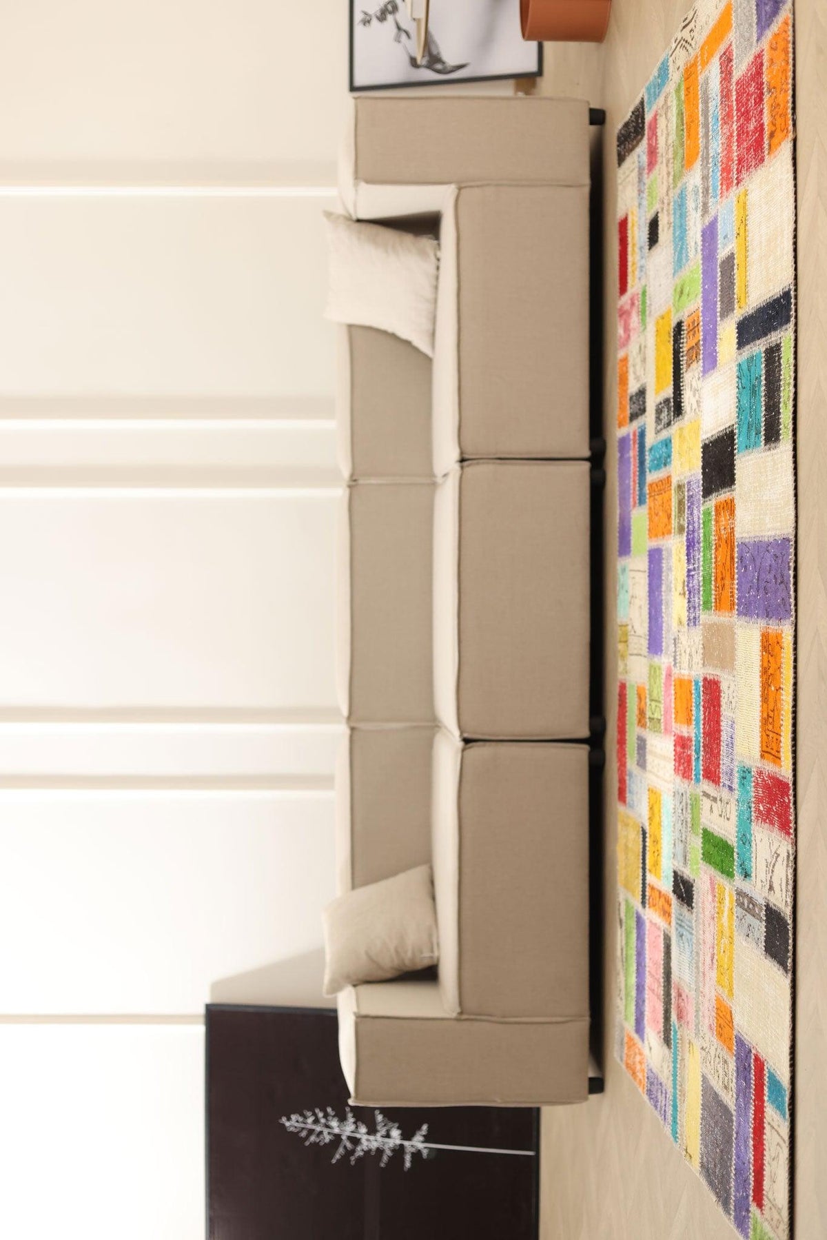Handmade 5x8 ft vintage Turkish patchwork area rug featuring vibrant, multicolored floral patterns in wool and cotton.