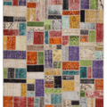 5x8 ft handmade Turkish patchwork area rug featuring vibrant, multicolored floral wool and cotton fabric squares.