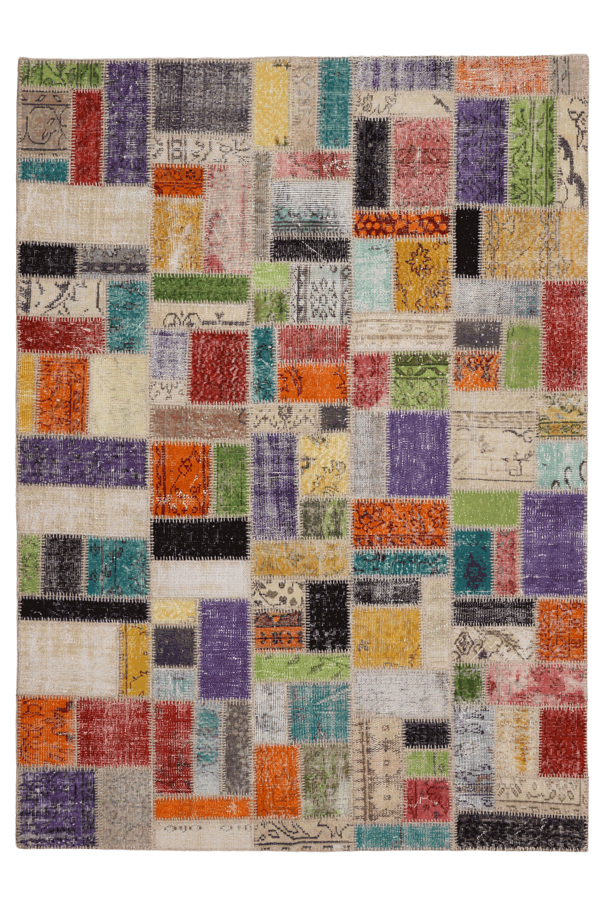 5x8 ft handmade Turkish patchwork area rug featuring vibrant, multicolored floral wool and cotton fabric squares.
