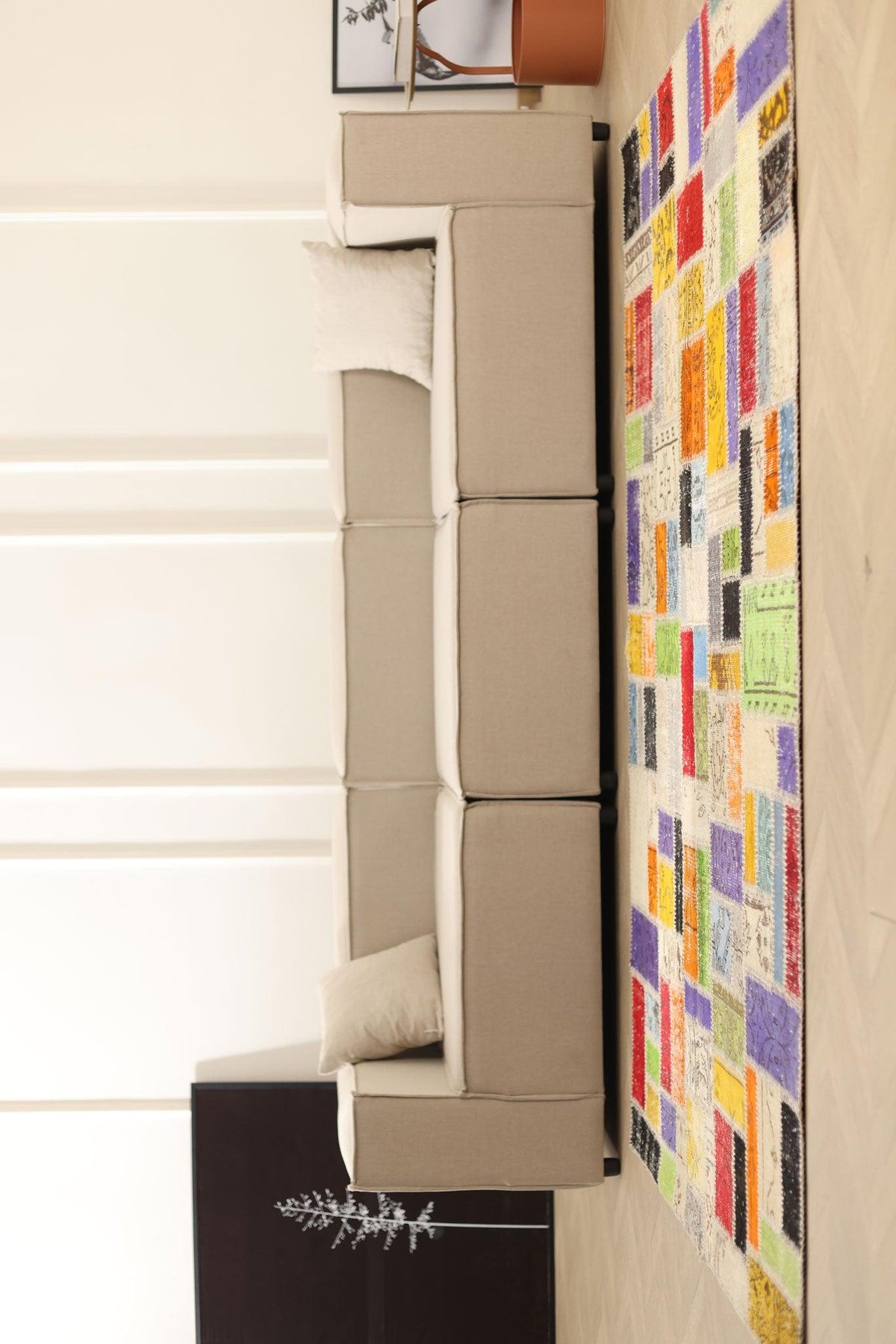 5x8 ft handmade Turkish patchwork area rug featuring vibrant multi-colored floral patterns in wool and cotton.