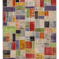 5x8 ft handmade Turkish patchwork area rug featuring vibrant multi-colored floral wool and cotton fabric squares.