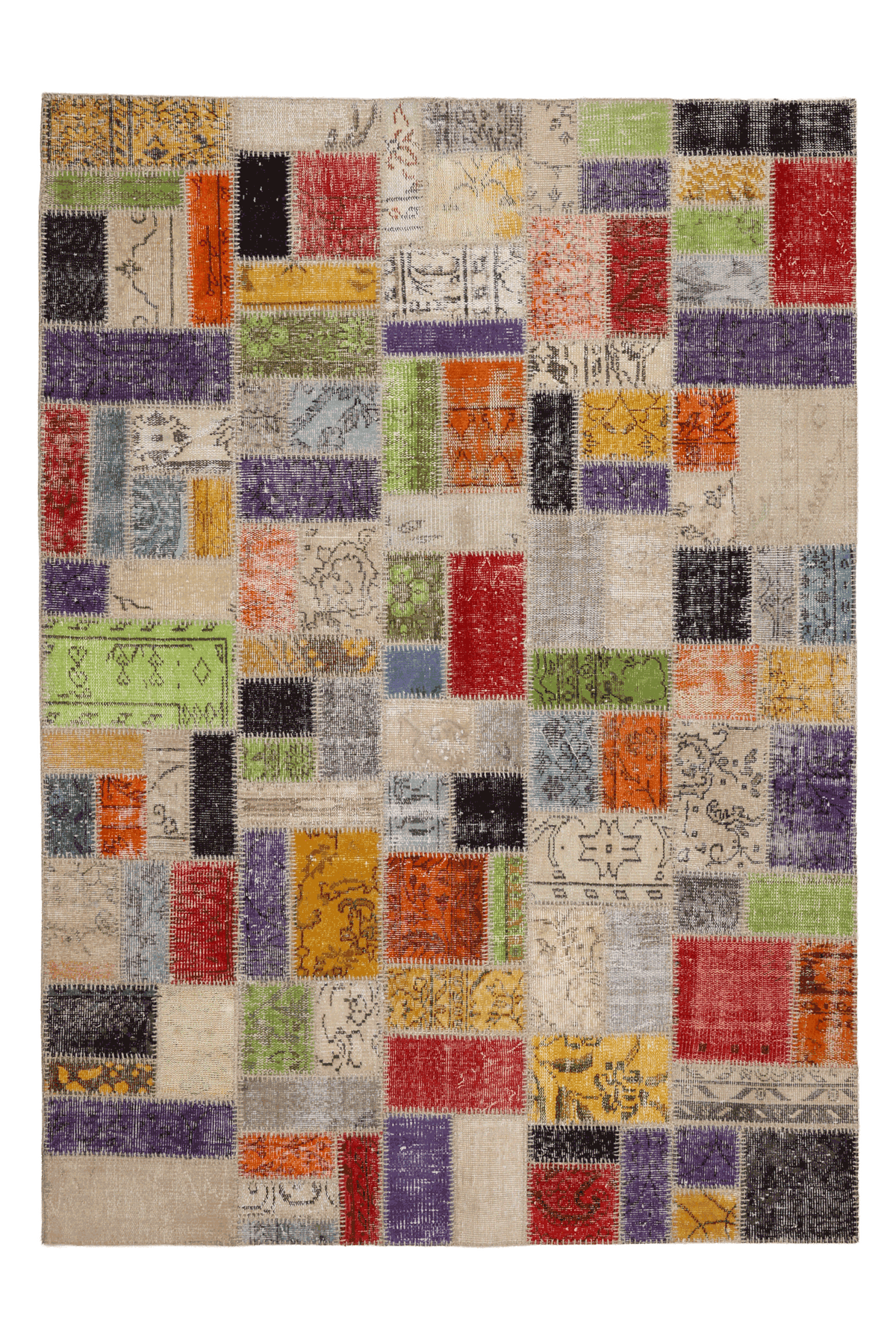 5x8 ft handmade Turkish patchwork area rug featuring vibrant multi-colored floral wool and cotton fabric squares.