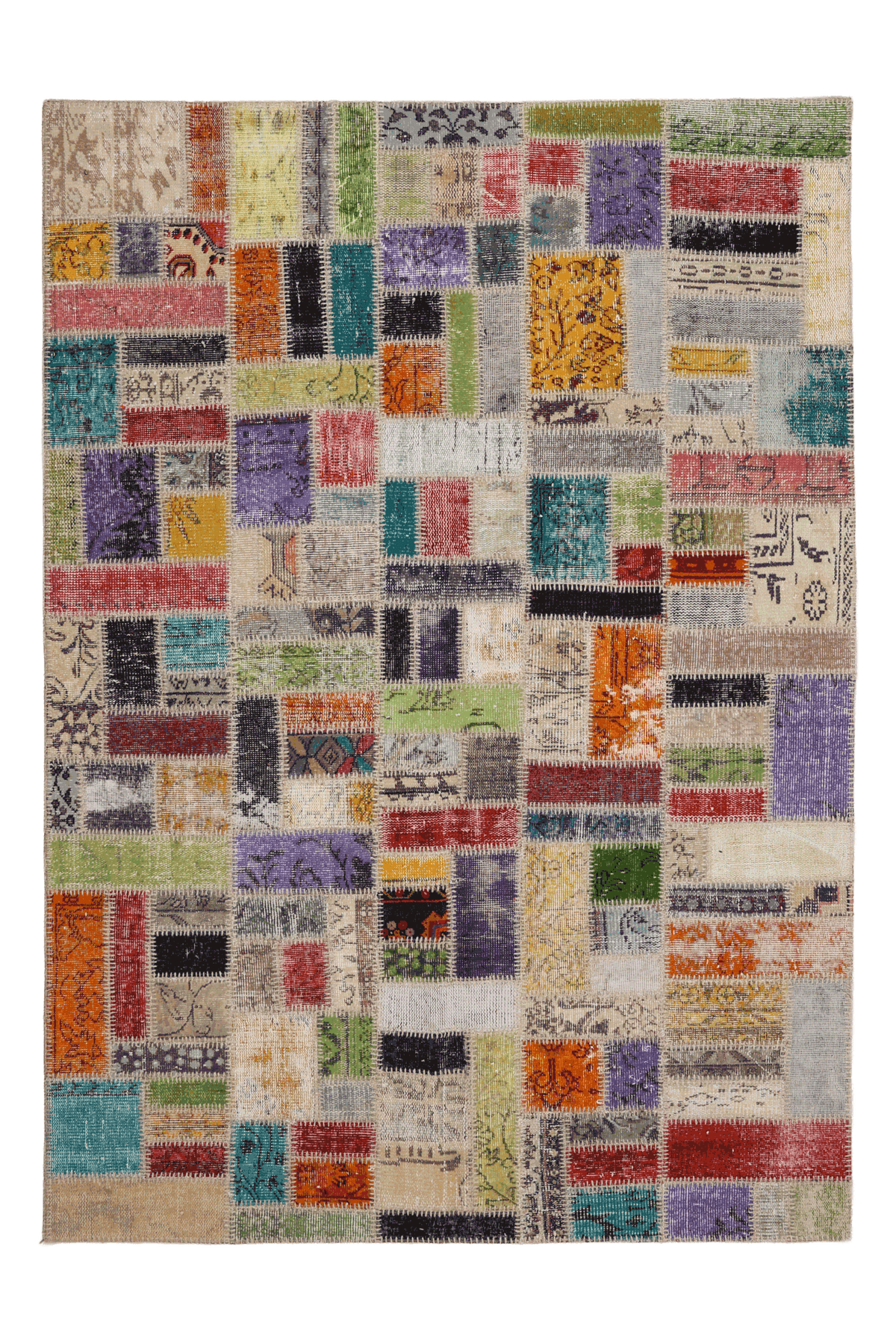Handmade 5x8 ft patchwork Turkish area rug featuring vibrant, multi-colored vintage wool and cotton floral patterns.