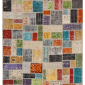 5x7 ft handmade Turkish patchwork area rug featuring vibrant, multi-colored floral wool and cotton fabric squares.