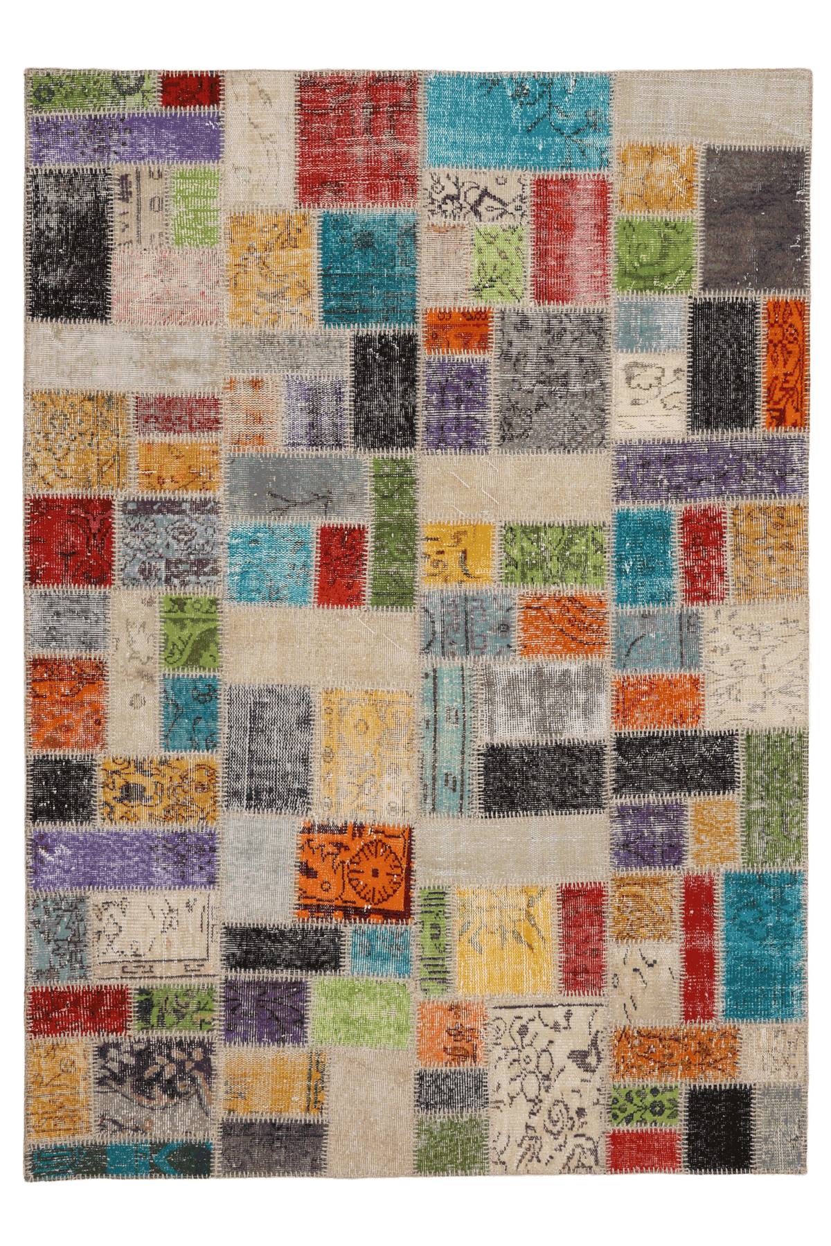 5x7 ft handmade Turkish patchwork area rug featuring vibrant, multi-colored floral wool and cotton fabric squares.