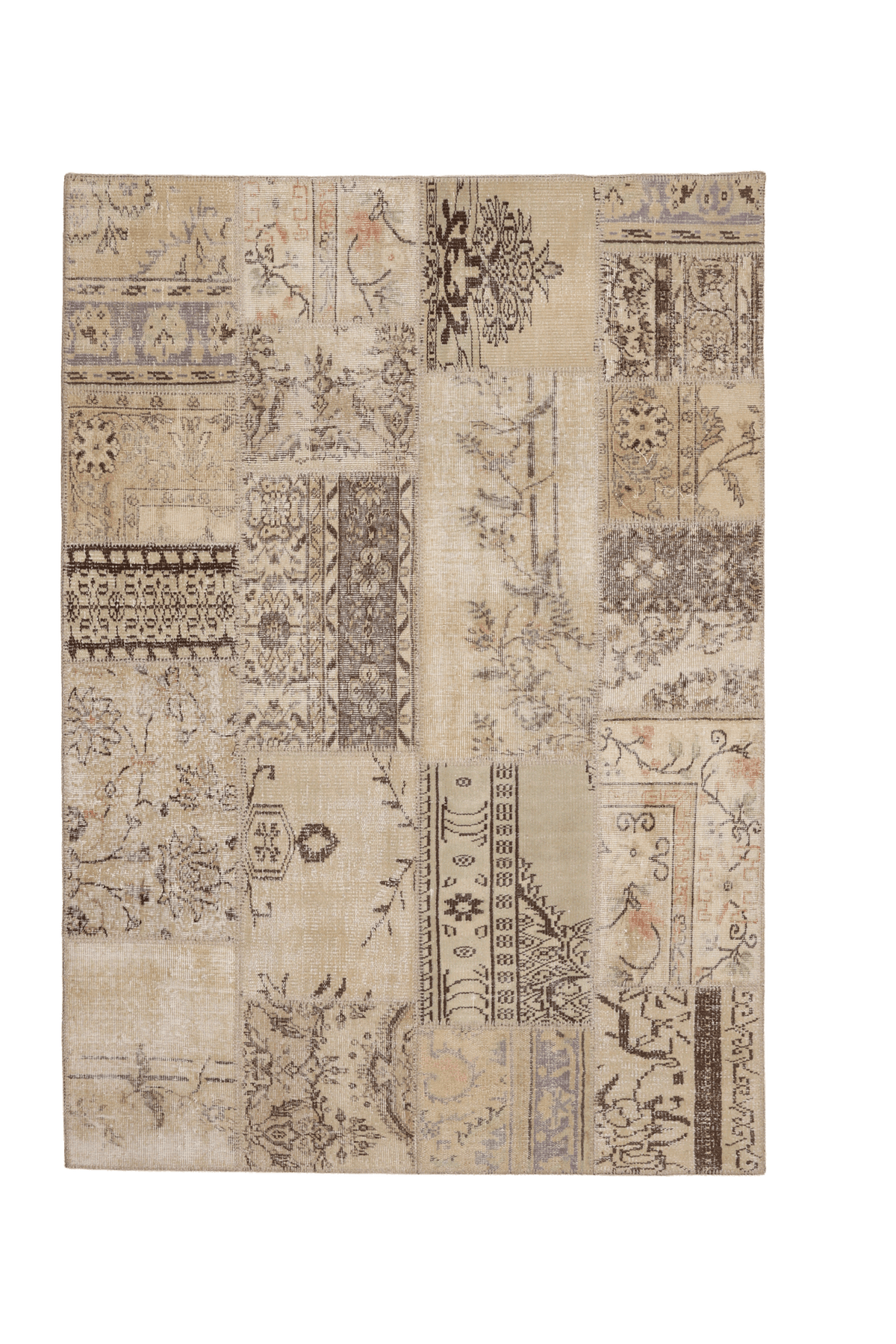 Vintage Turkish Area Rug 5x7 ft — Beige & Gray Patchwork (No. 38620)