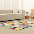 Handmade 5x7 ft vintage Turkish patchwork area rug featuring vibrant geometric patterns in wool and cotton.