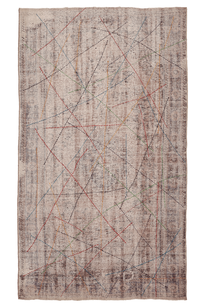 Vintage Manisa Turkish Area Rug 5x10 ft — Beige & Gray Geometric