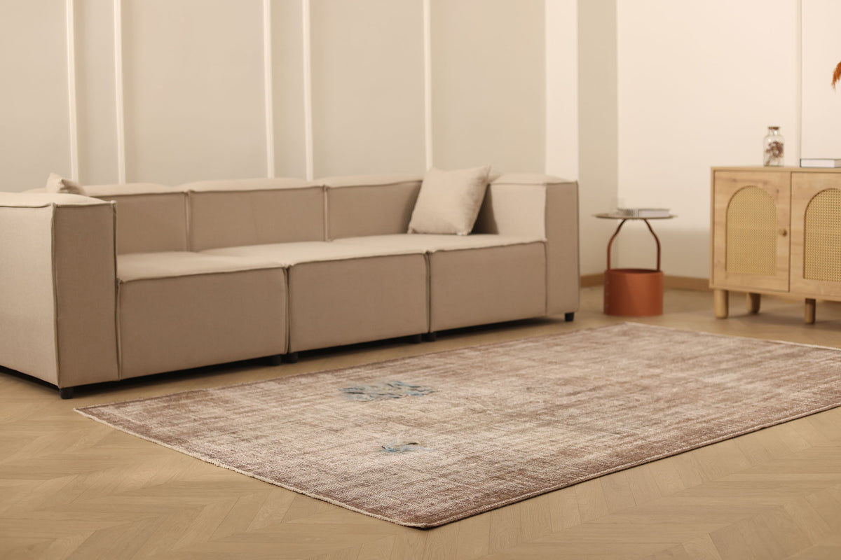 Vintage Manisa Turkish Area Rug 5x9 ft — Beige & Brown Distressed