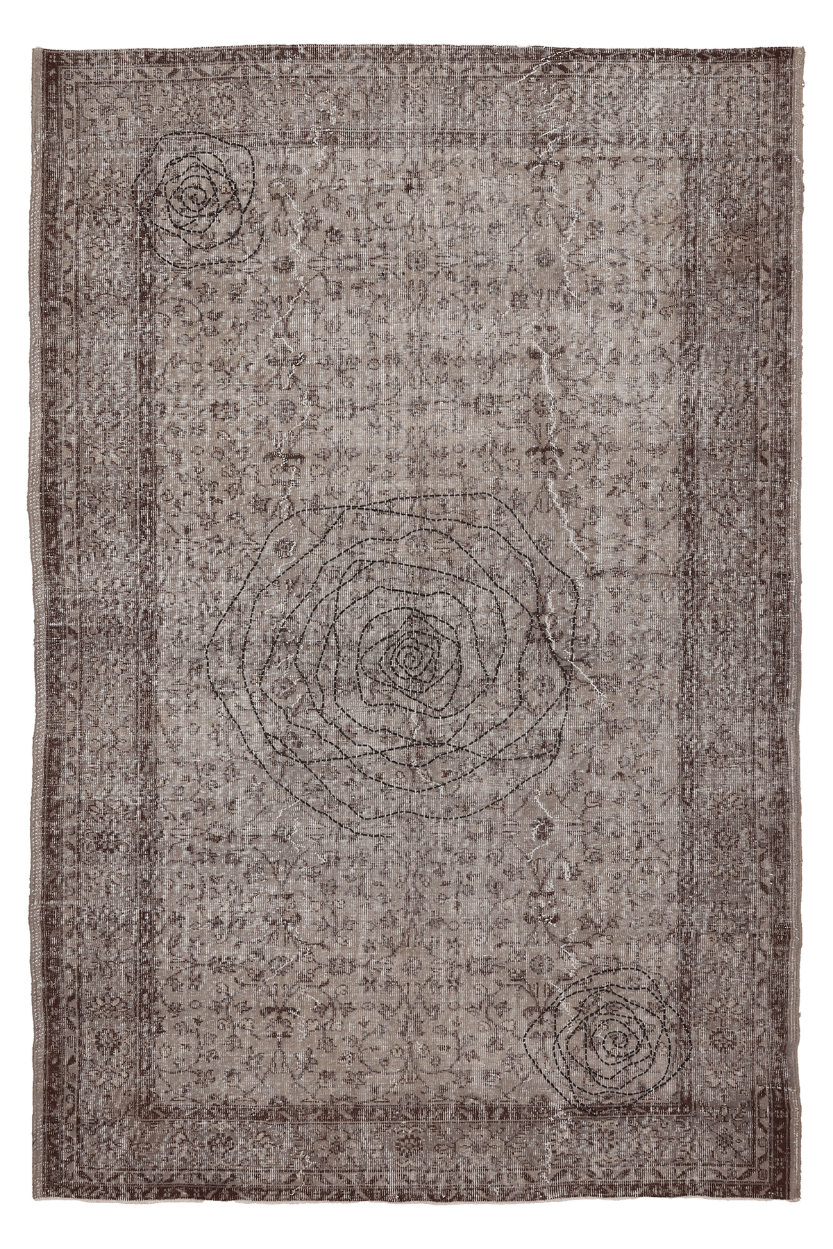 Vintage Isparta Turkish Area Rug 6x9 ft — Beige & Brown Floral (No. 38642)