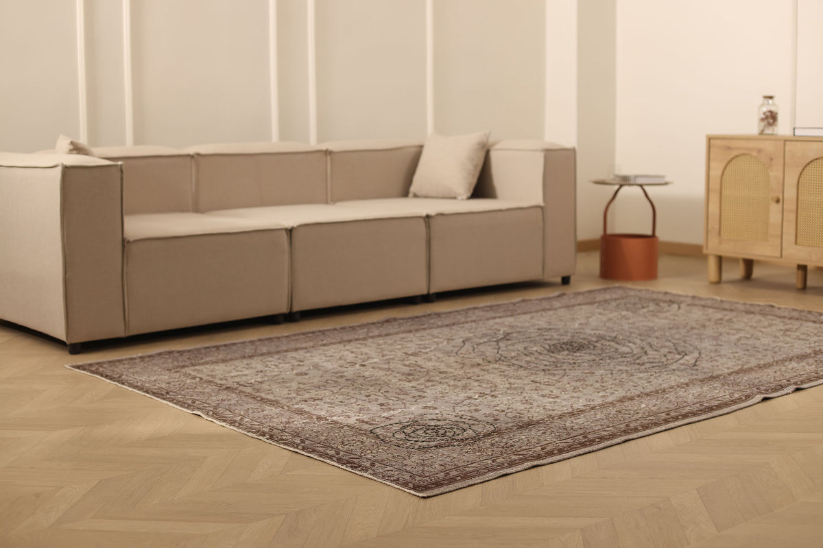 Vintage Isparta Turkish Area Rug 6x9 ft — Beige & Brown Floral (No. 38642)