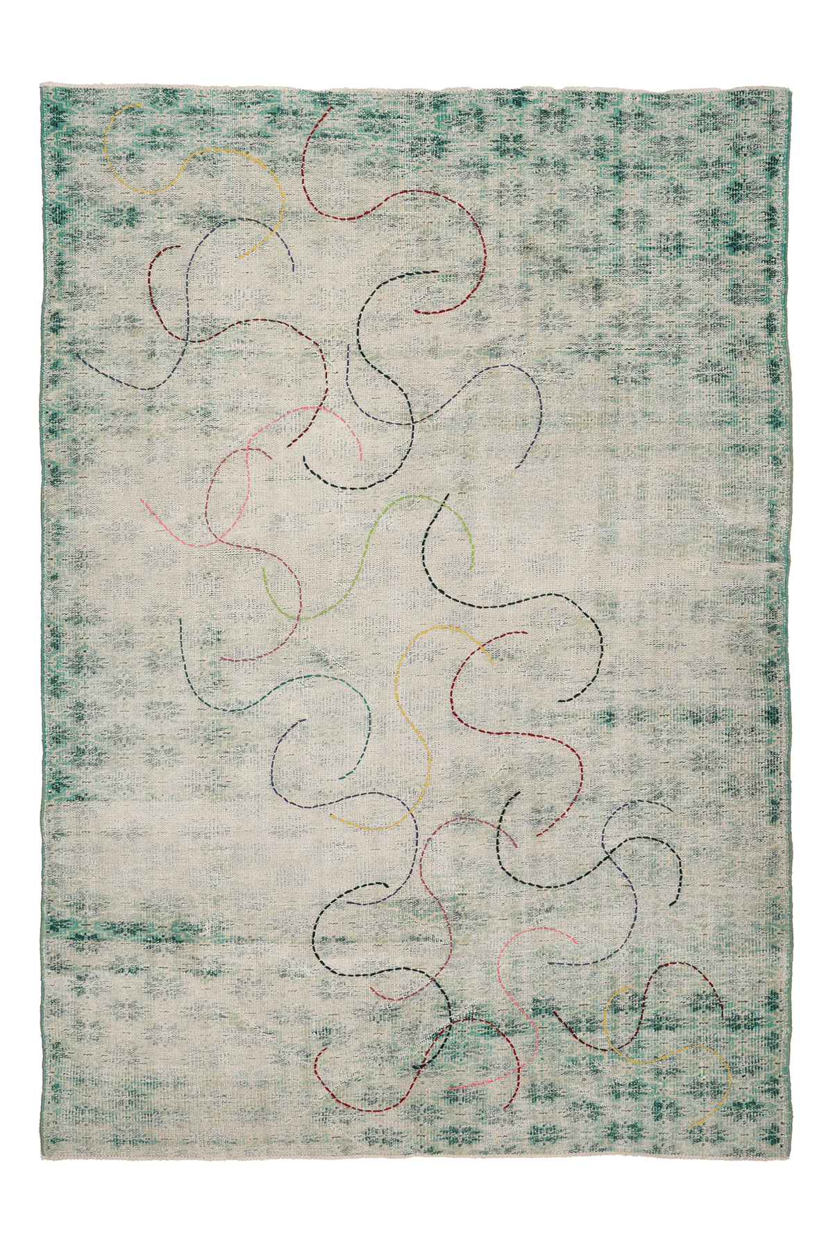 Vintage Manisa Turkish Area Rug 6x8 ft — Green & White Distressed