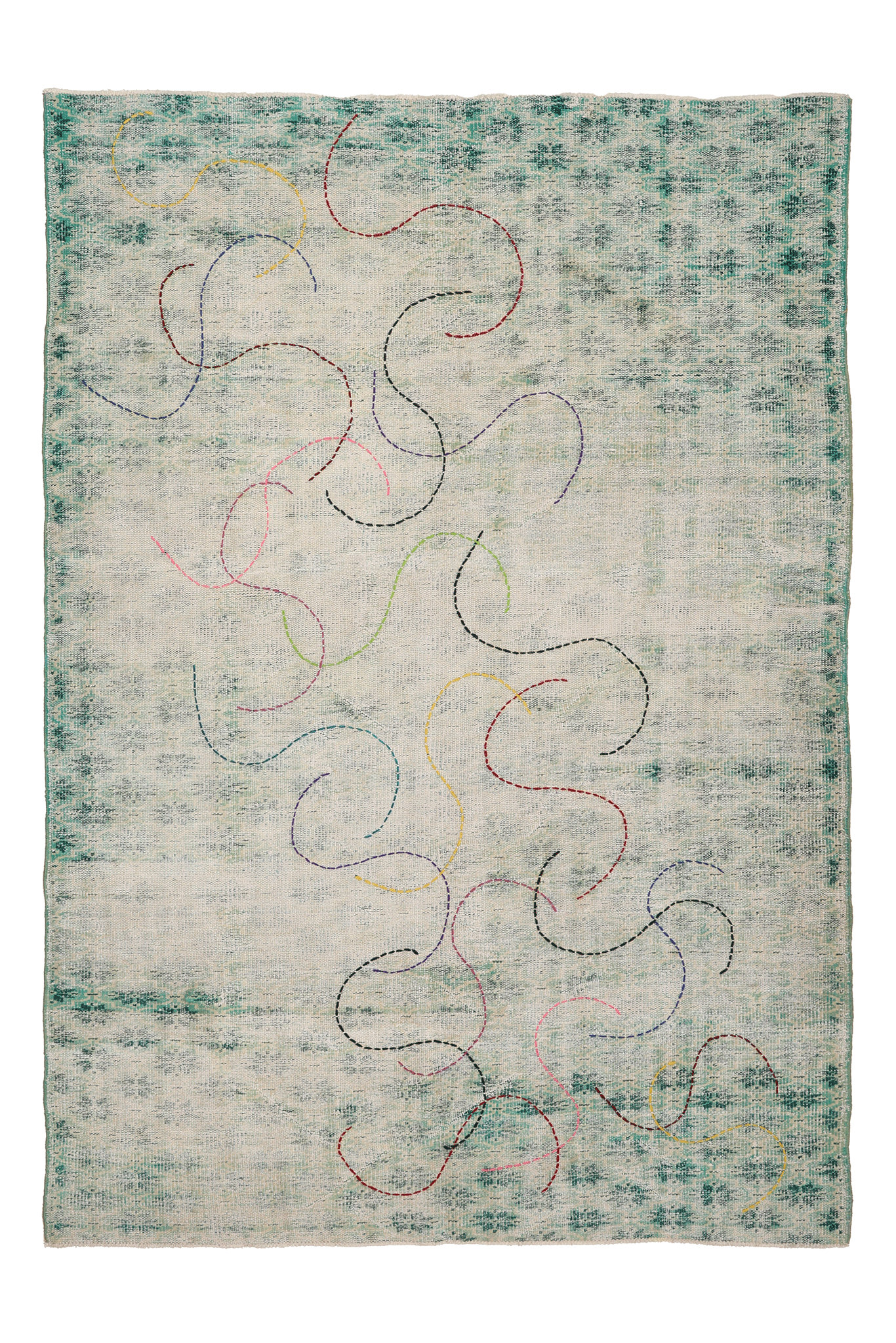 Vintage Manisa Turkish Area Rug 6x8 ft — Green & White Distressed